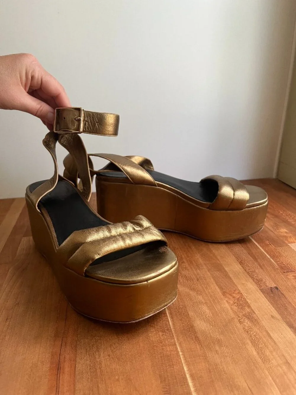 Charlotte Stone Metallic Gold Platform Wedge Sa